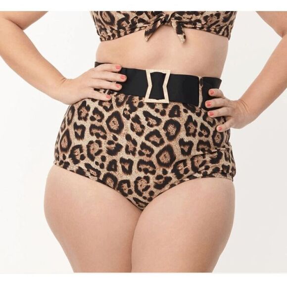 Unique Vintage Leopard Print High Waist Belted Swim Bottom M - Picture 1 of 5